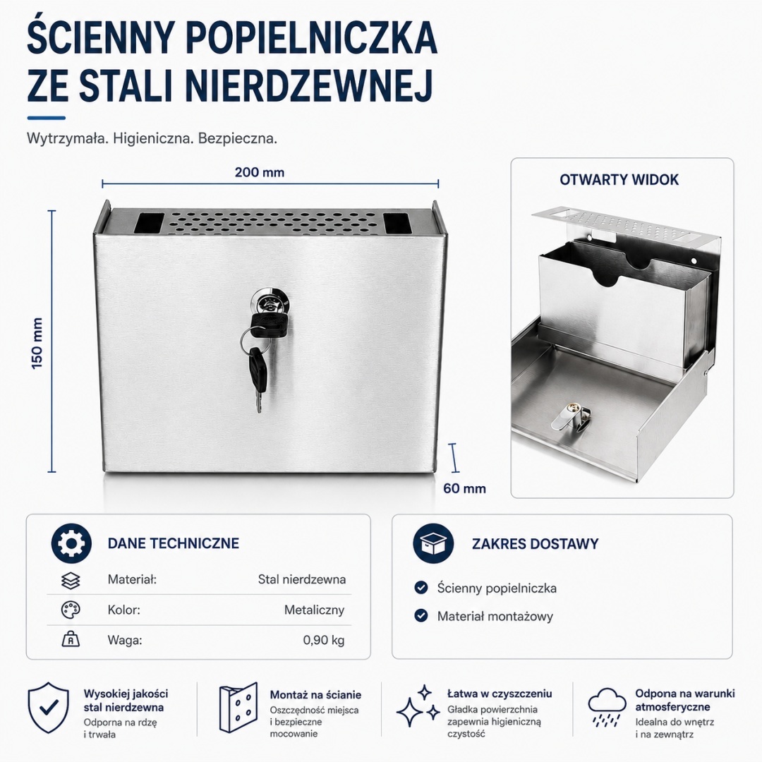Nástěnný popelník Popelník z nerezové oceli inox na klíč BITUXX 20cm MS13197